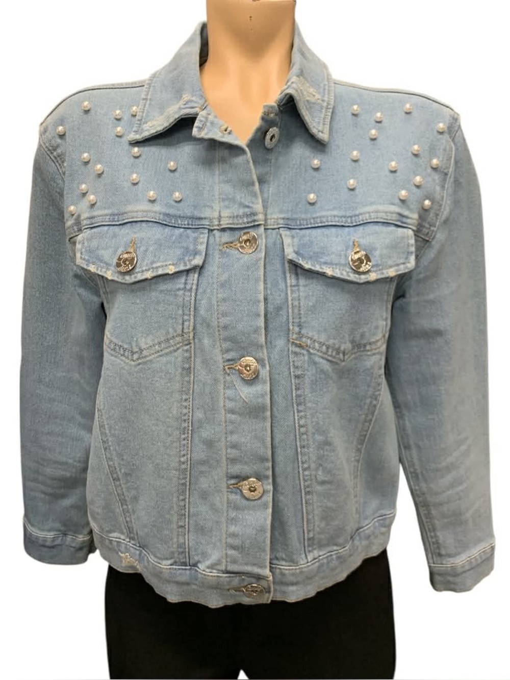 Candie's Light Blue Denim Jacket with Pearl Studs Size S